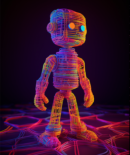 A vibrant, multi-colored wireframe robot stands on a grid-like floor with neon lines. The robot has a humanoid shape with a rounded head, arms, legs, and glowing circular eyes. The background is dark, highlighting the robot's bright, colorful design.