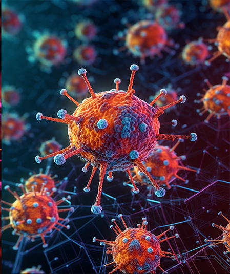 A close-up, detailed 3D rendering of the coronavirus (COVID-19) showing the spherical structure with spike proteins protruding from its surface, set against a dark background with other similar virus particles visible in the distance.