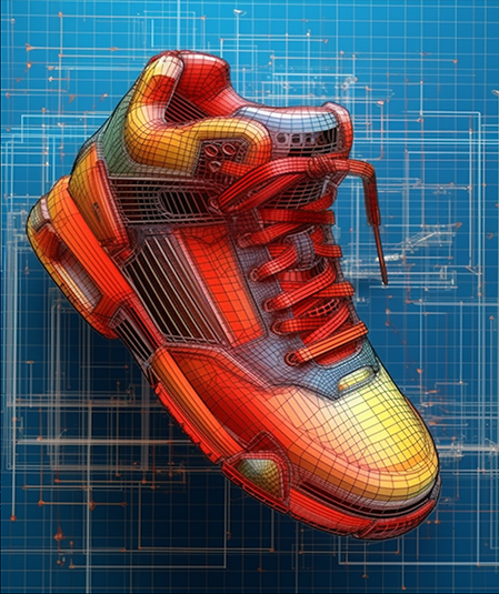 A digital rendering of a high-top sneaker with a colorful, wireframe overlay. The sneaker is set against a blueprint-style background, depicting schematics and technical drawings in white lines on a blue grid.
