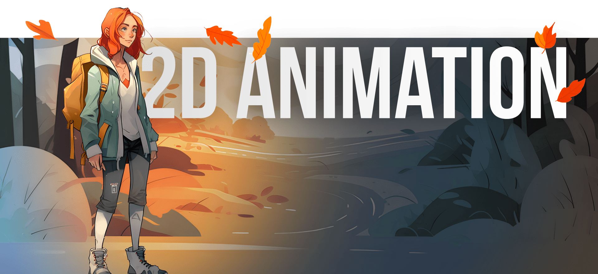 An illustrated image features a young woman with red hair in a casual outfit and backpack, standing outdoors. Behind her, large text reads "2D ANIMATION" with an artistic backdrop that transitions from a warm sunset landscape to a cool, dark scene. Falling leaves are scattered within the frame.