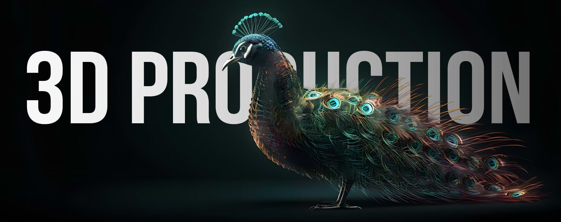 A detailed and vibrant 3D rendering of a peacock stands in front of bold, large white letters spelling "3D PRODUCTION" on a dark background. The peacock's iridescent feathers fan out gracefully, showcasing its natural beauty.