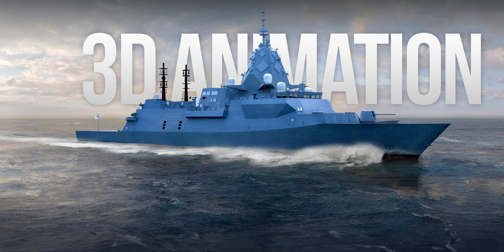 A 3D-rendered image of a modern naval warship cruising through the ocean, with large text in the background that reads "3D ANIMATION." The ship has a sleek design with multiple antennas and a radar tower. The sky is partly cloudy, adding depth to the scene.
