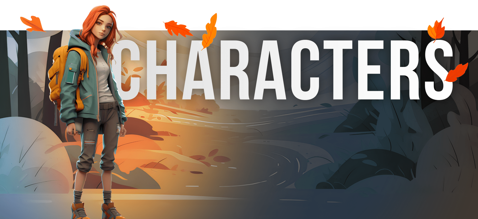 Illustration of a person with long orange hair wearing a teal jacket and carrying a yellow backpack. They stand against a backdrop split between a warm, colorful forest and a dark, shadowy forest. The word "CHARACTERS" is prominently displayed above them.