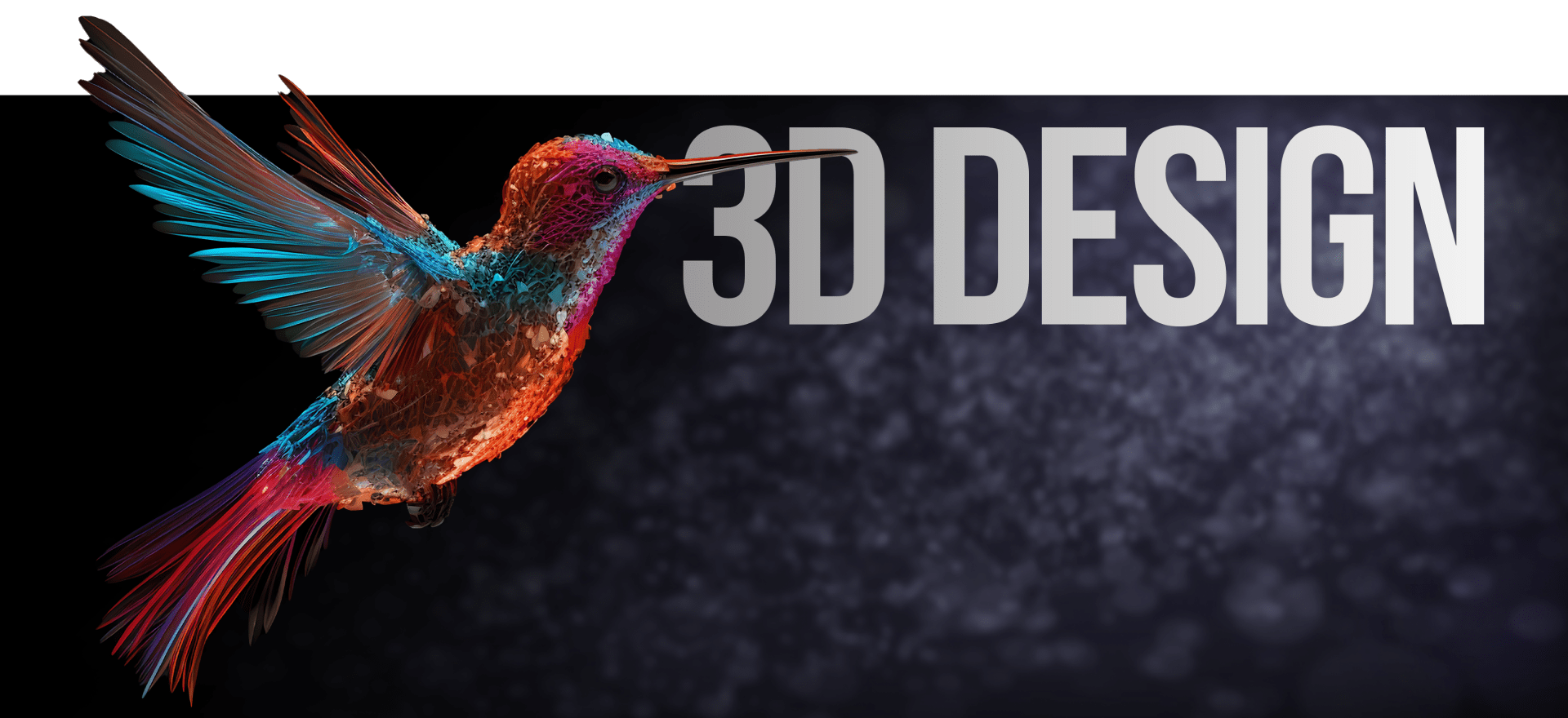 A colorful, intricately detailed 3D-rendered hummingbird with vibrant shades of blue, red, and orange, appears to be flying against a dark background. The words "3D DESIGN" in large, bold letters are prominently displayed on the right side of the image.