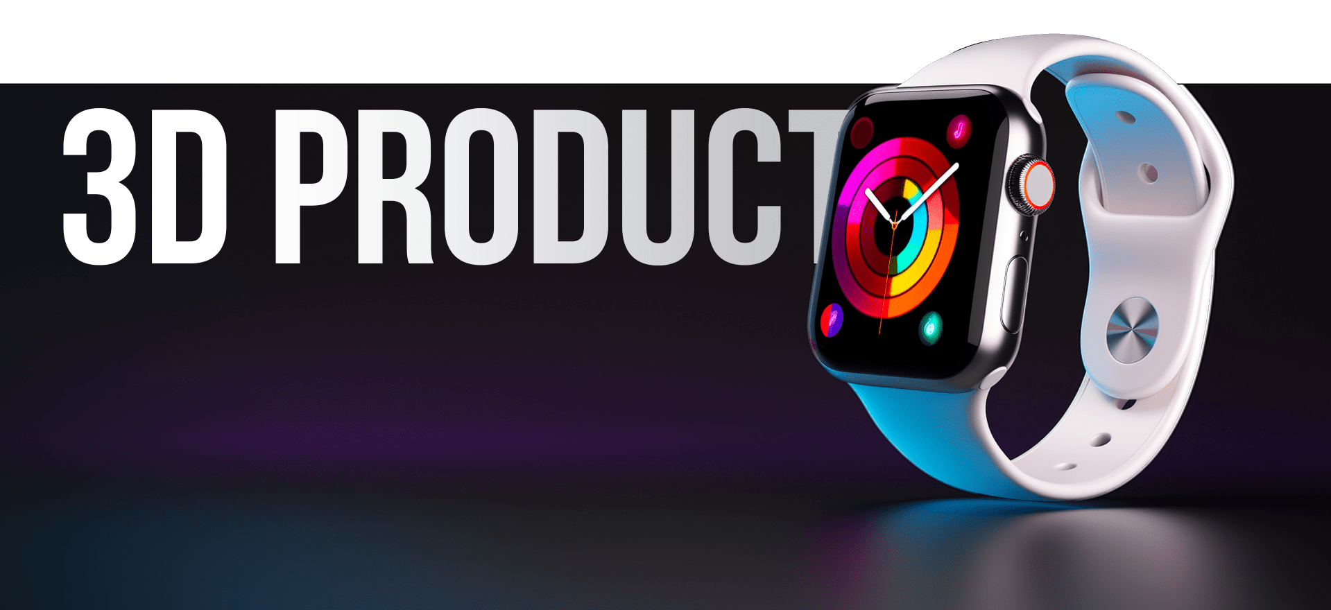 A 3D rendering of a smartwatch with a white band and a colorful digital display is shown on the right side of the image. The left side displays the text "3D PRODUCT" in large, bold letters. The background is a gradient of dark shades, transitioning from black to purple.