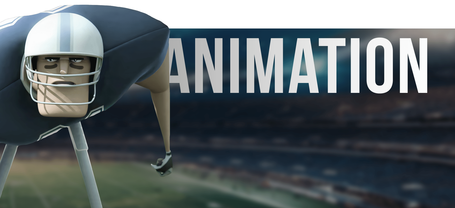 An animated football player in a blue and white uniform and helmet stands on a field with a blurred stadium in the background. The word "ANIMATION" in bold, light-colored letters appears prominently in the background.