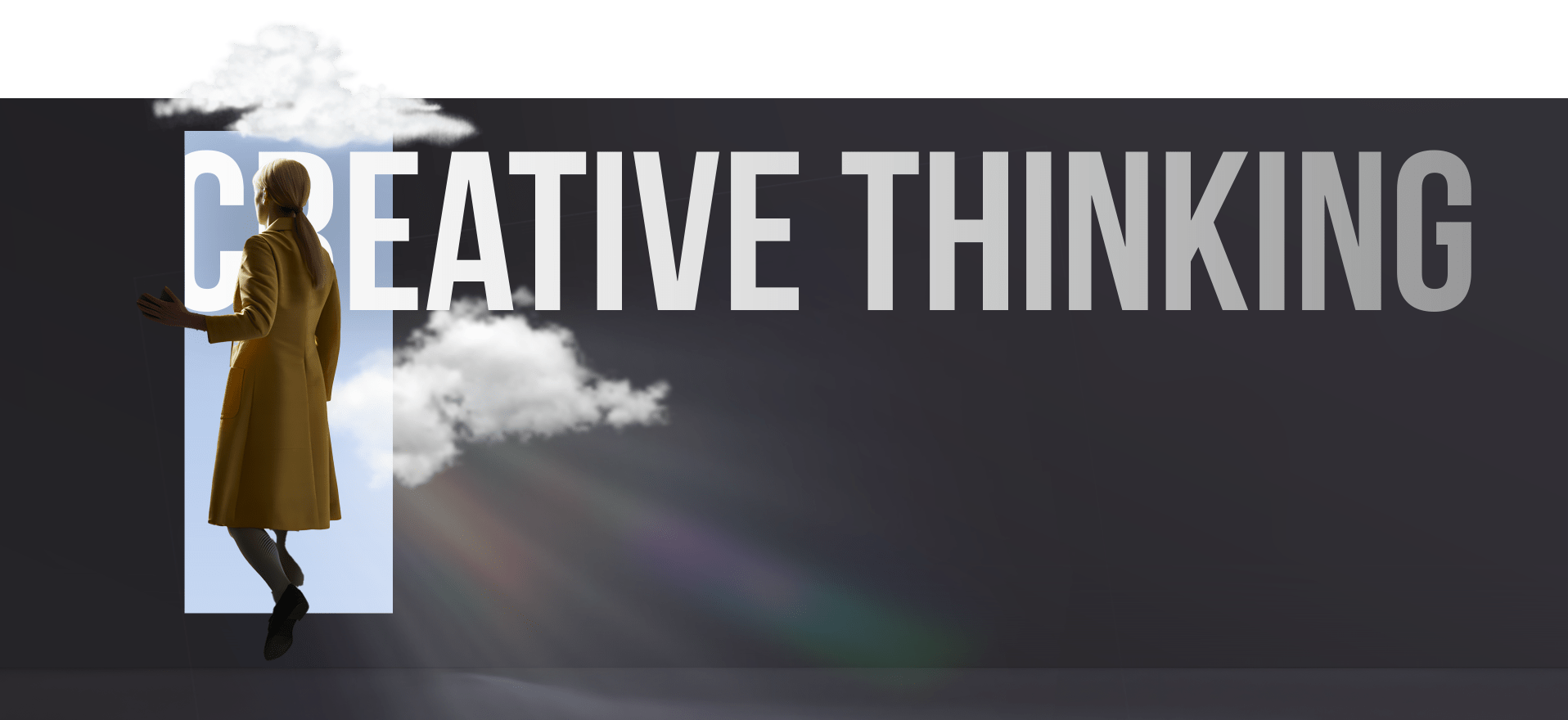 A person in a yellow coat, seen from behind, appears to be stepping through a white door frame into a dark space. The words "CREATIVE THINKING" are prominently displayed in large, bold letters, with part of the word "CREATIVE" obscured by the figure and clouds.