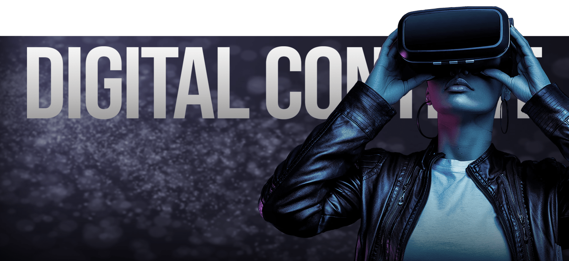 A person wearing a virtual reality headset looks upward. The background features the words "DIGITAL CONCEPT" in large metallic letters and a bokeh effect of lights. The person is dressed in a leather jacket and appears to be in a futuristic setting.