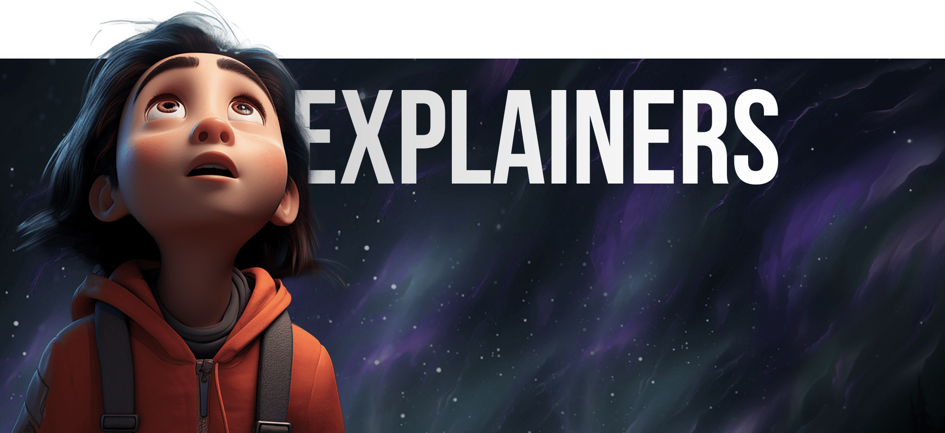 A person with short hair and an orange hoodie looks up with a curious expression against a backdrop of a starry night sky with purple and green auroras. The word "EXPLAINERS" is prominently displayed in large white letters above them.