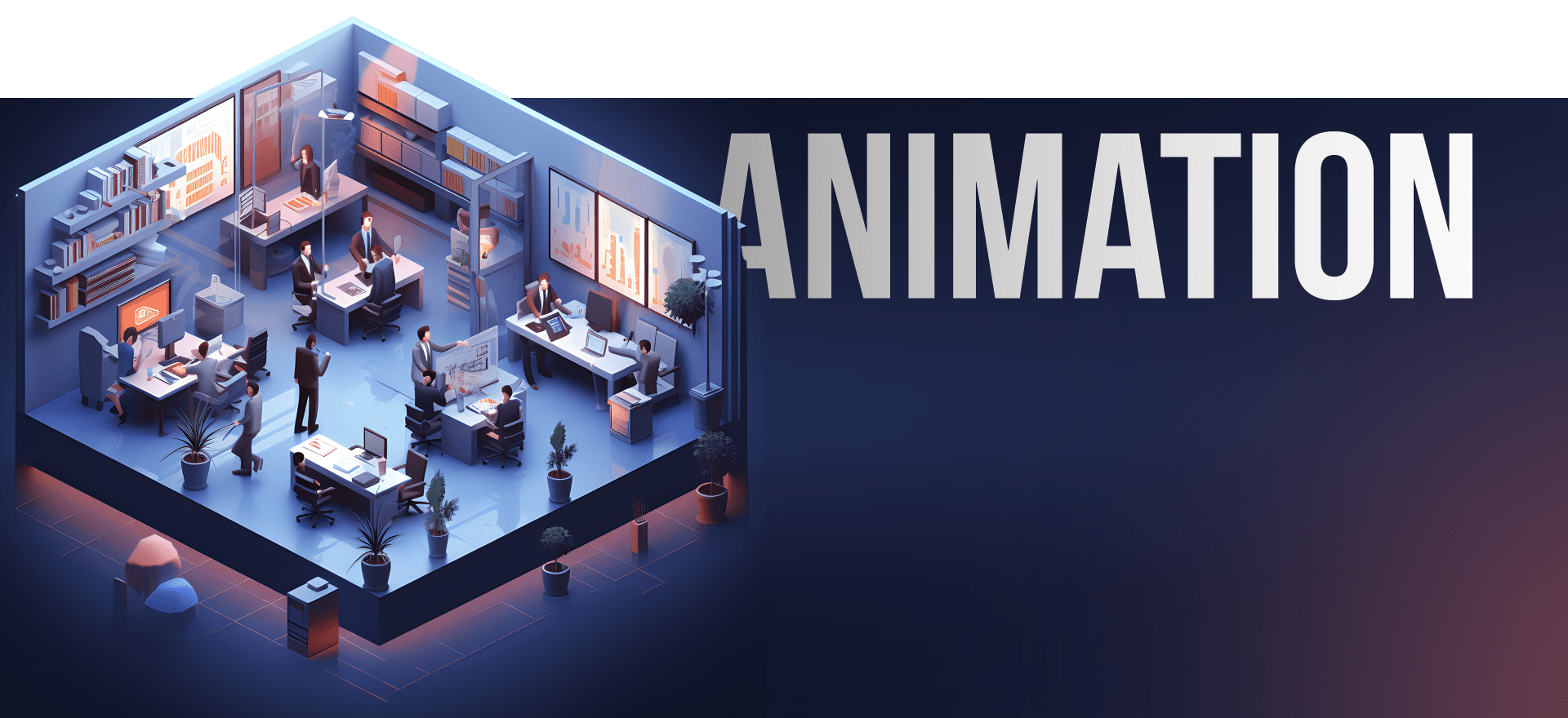 A stylized 3D rendering of an office with people working at desks and interacting. The office has shelves, plants, and a large screen. The right side of the image prominently features the word "ANIMATION" in bold, white letters. The background is a gradient of blue tones.