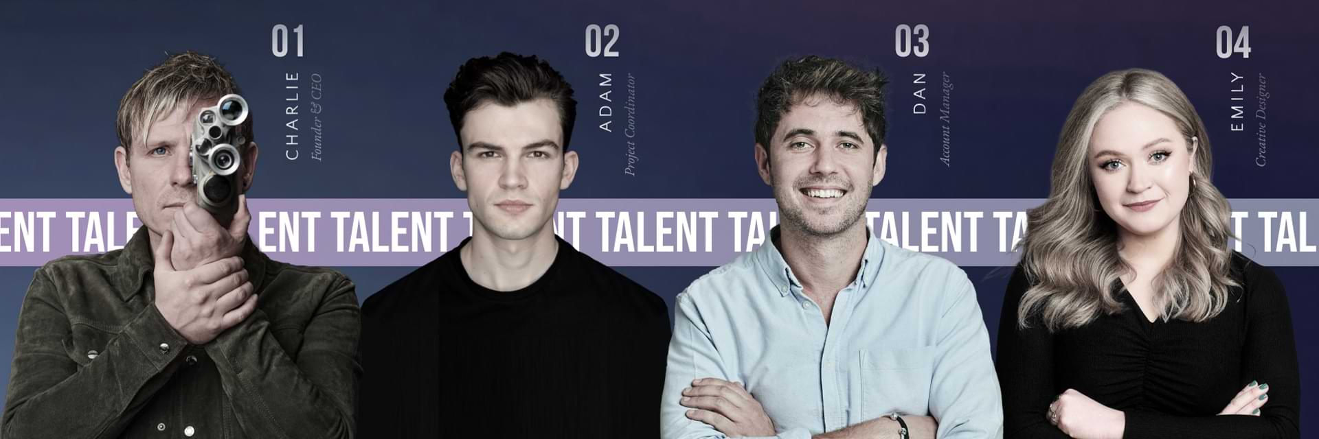 A promotional image showing four individuals with a purple and blue gradient background. They are labeled with their names and roles: Charlie (Music & Sound), Adam (Product), Dan (Account Manager), and Emily (Creative Design). Charlie holds a spotlight.
