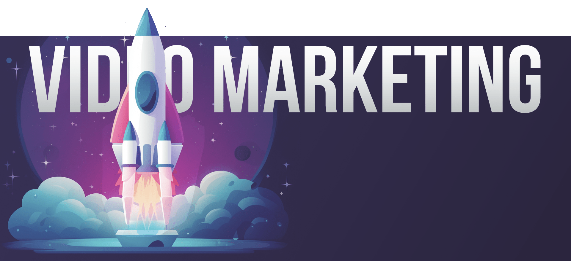 A rocket launching into space, leaving behind a trail of smoke and flames against a starry sky background. The text "VIDEO MARKETING" is prominently displayed at the top in large, bold letters.