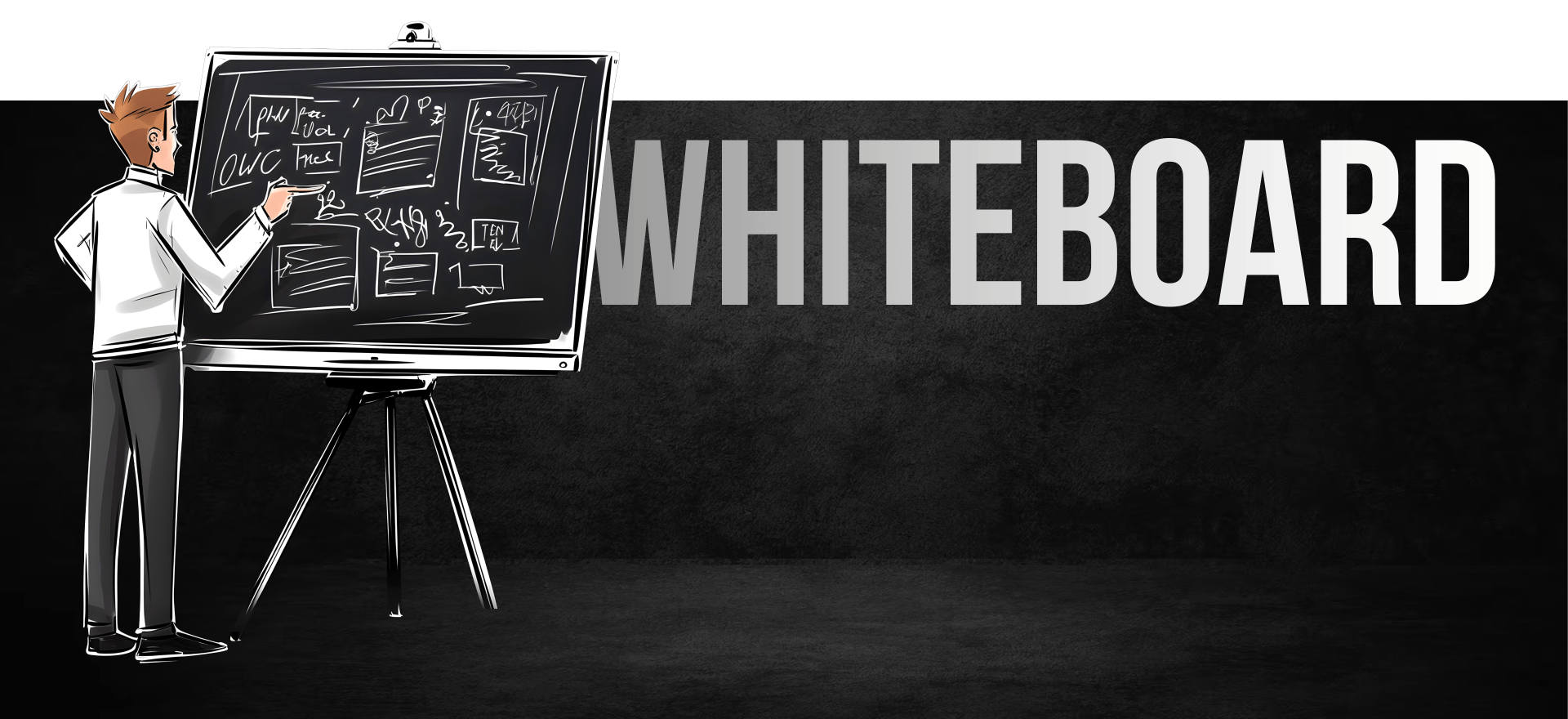 A person with light hair is writing on a black chalkboard filled with notes, diagrams, and sketches. The word "WHITEBOARD" in uppercase letters is prominently displayed in the background. The setting is dark with a contrasting light source highlighting the board.