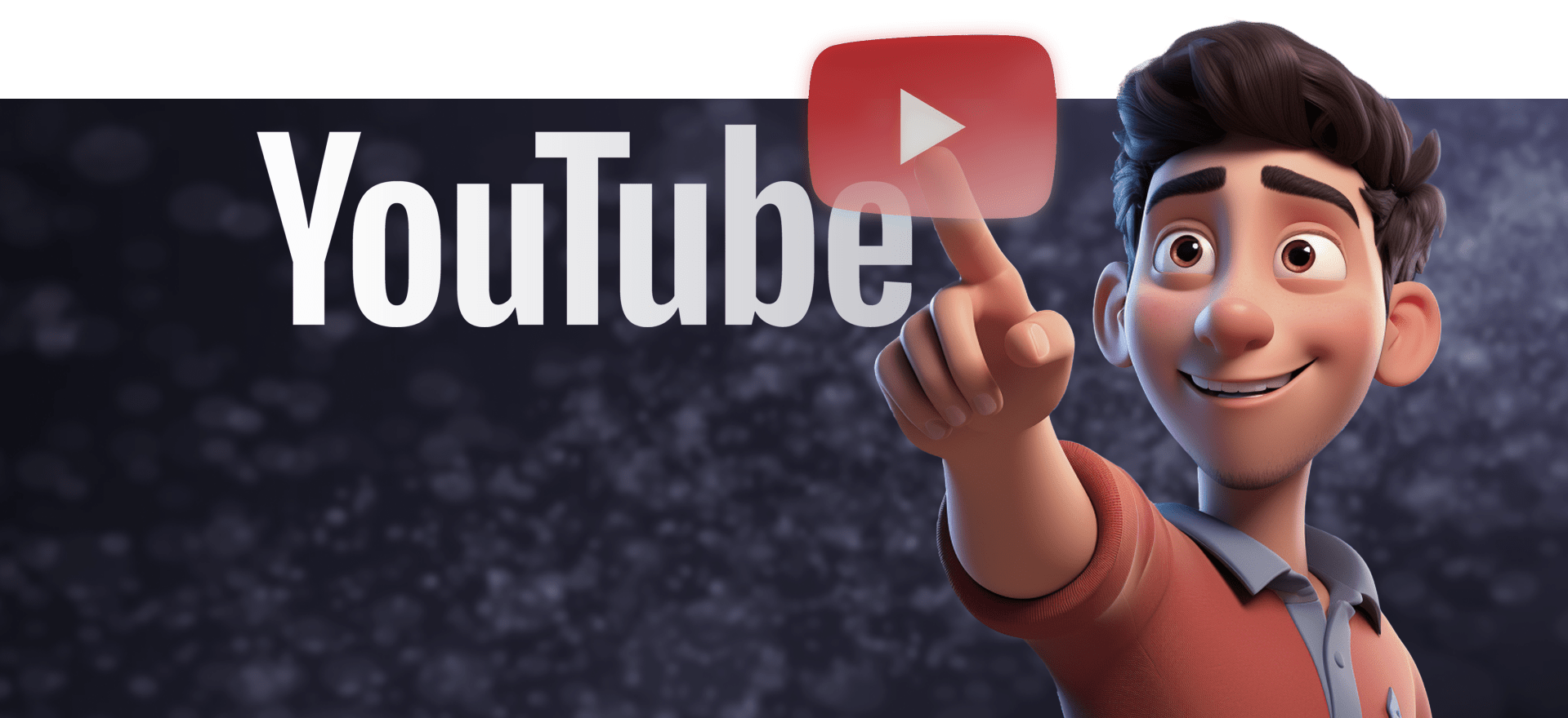 An animated character with dark hair wearing an orange shirt smiles and points towards a large YouTube logo, featuring a red play button, on a dark background with a pattern of light spots.