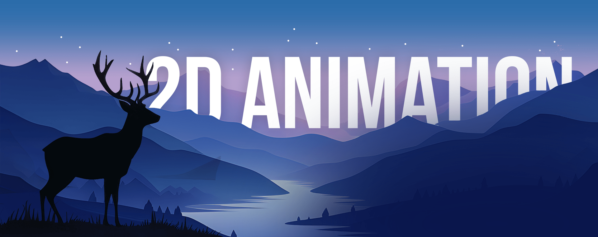 A silhouette of a deer with large antlers stands in front of a blue mountainous landscape at dusk. The words "2D ANIMATION" are prominently displayed in bold white letters across the center of the image.