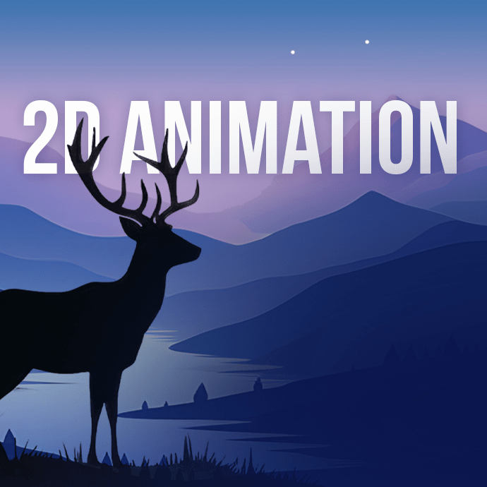 A silhouette of a stag with large antlers stands in the foreground against a serene backdrop of mountains and a lake at dusk. The sky is a gradient of blue and purple hues, with two faint stars. The text "2D ANIMATION" is prominently displayed above the stag.