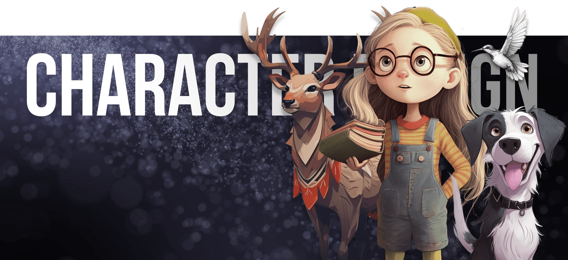 A stylized illustration featuring a girl with glasses, blonde hair, and overalls holding books. She is accompanied by a cheerful dog, a stately stag, and a bird in flight. The background showcases the text "CHARACTER DESIGN" in large letters.