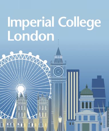 Illustrated image featuring iconic London landmarks such as the London Eye, Big Ben, and the dome of a classical building, with the text "Imperial College London" at the top. The backdrop has a gradient blue hue.