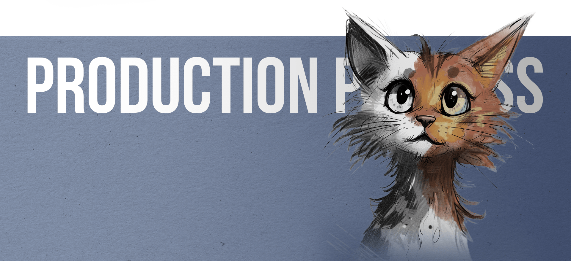 An illustrated cat with large eyes and a mix of white, brown, and gray fur is positioned on the right side of a blue and gray gradient background. The words "PRODUCTION PROCESS" in bold white letters are partially visible behind the cat.