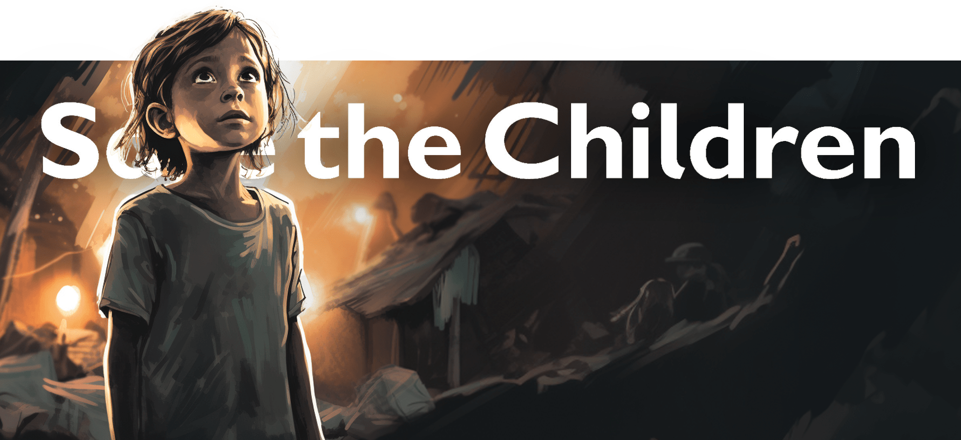 Illustration of a young child standing against a backdrop of collapsed structures and debris, with a concerned look on their face. The words "Save the Children" are boldly displayed in the background.