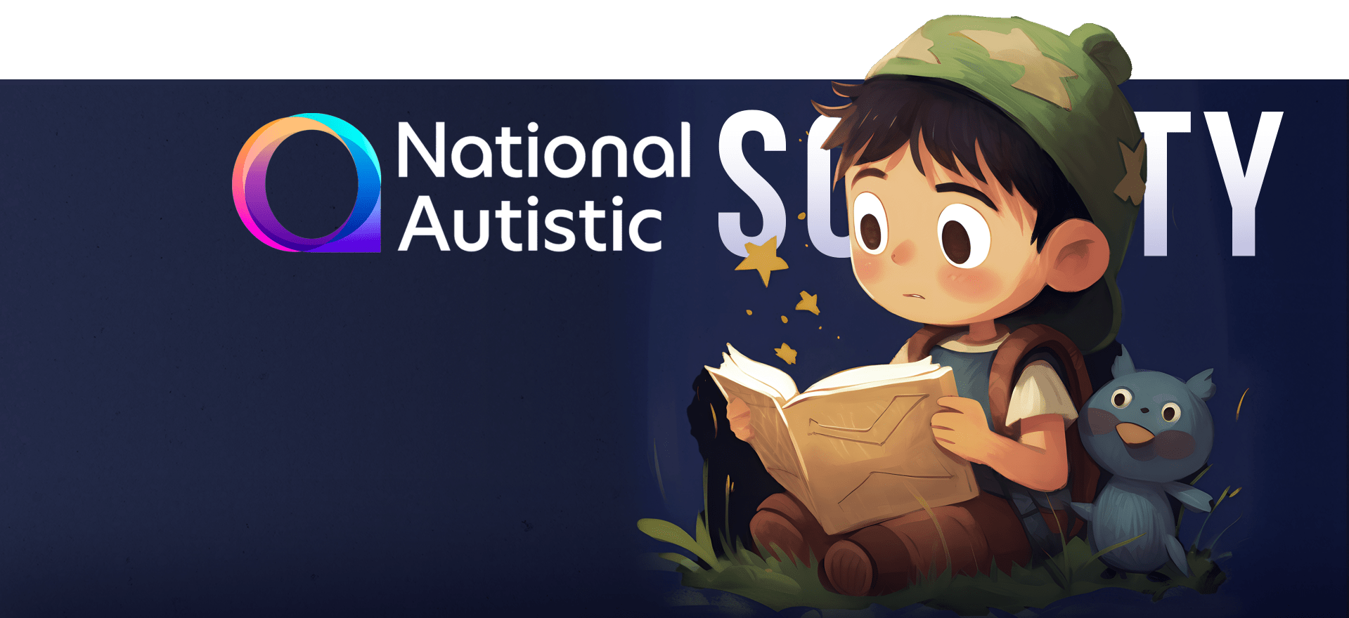 An illustration shows a young child with a green camo hat sitting on the ground and engrossed in reading a book. Next to the child is a stuffed toy. The background features the text "National Autistic Society" with a colorful circular logo.