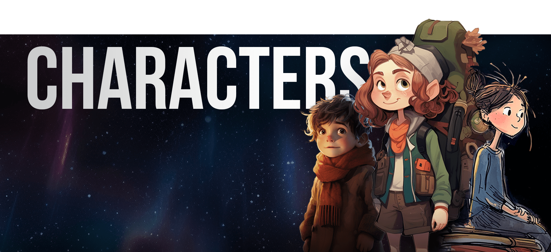 Three animated characters stand against a starry background with the word "CHARACTERS" above them. The first character is a boy in a winter outfit, the second is a girl with curly hair and a backpack, and the third is a girl with long, straight hair.