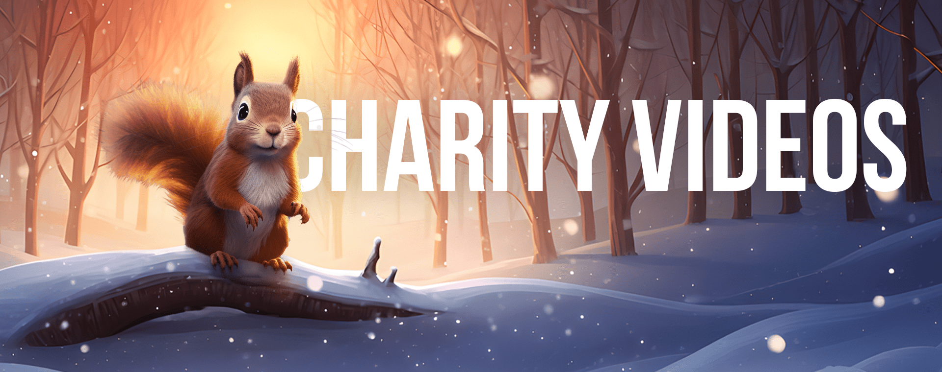A cute squirrel stands on a snow-covered branch in a winter forest at sunset. The words "CHARITY VIDEOS" are boldly displayed in the background. Snowflakes gently fall from the sky, creating a serene and warm atmosphere.