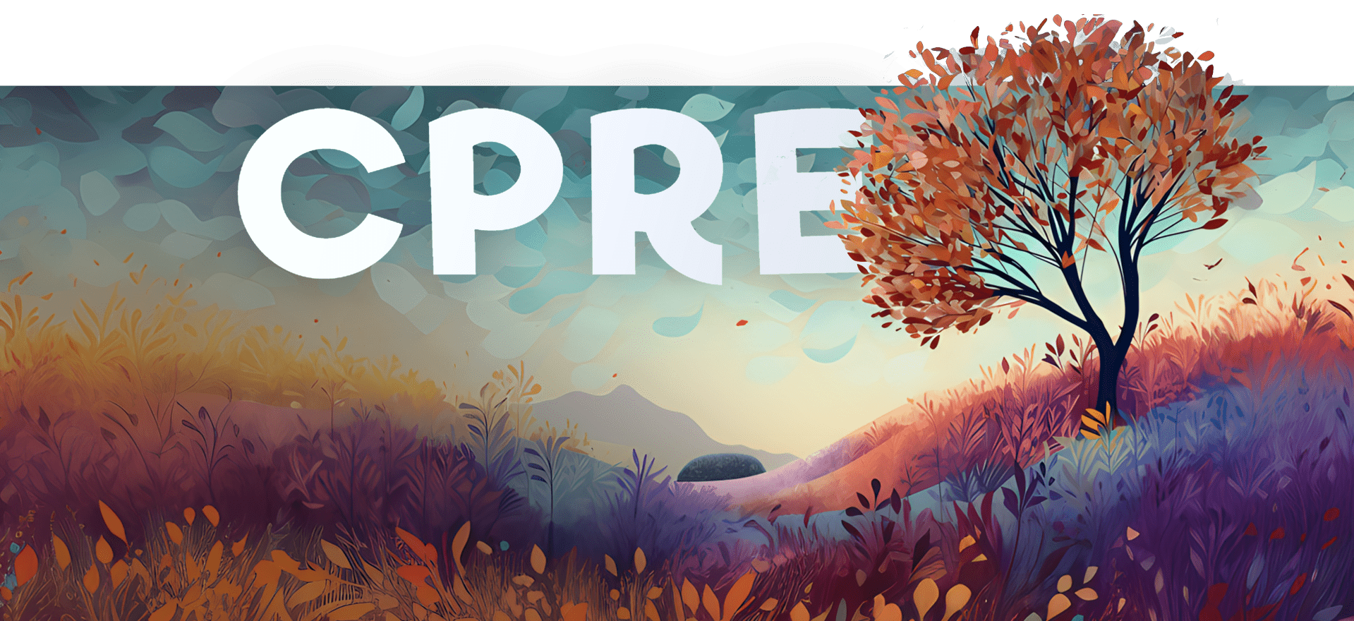 Illustration of a scenic landscape with vibrant, colorful foliage in shades of purple, orange, and red. A single tree with autumn leaves stands on a hill, and stylized letters "CPRE" are prominently displayed in the background.