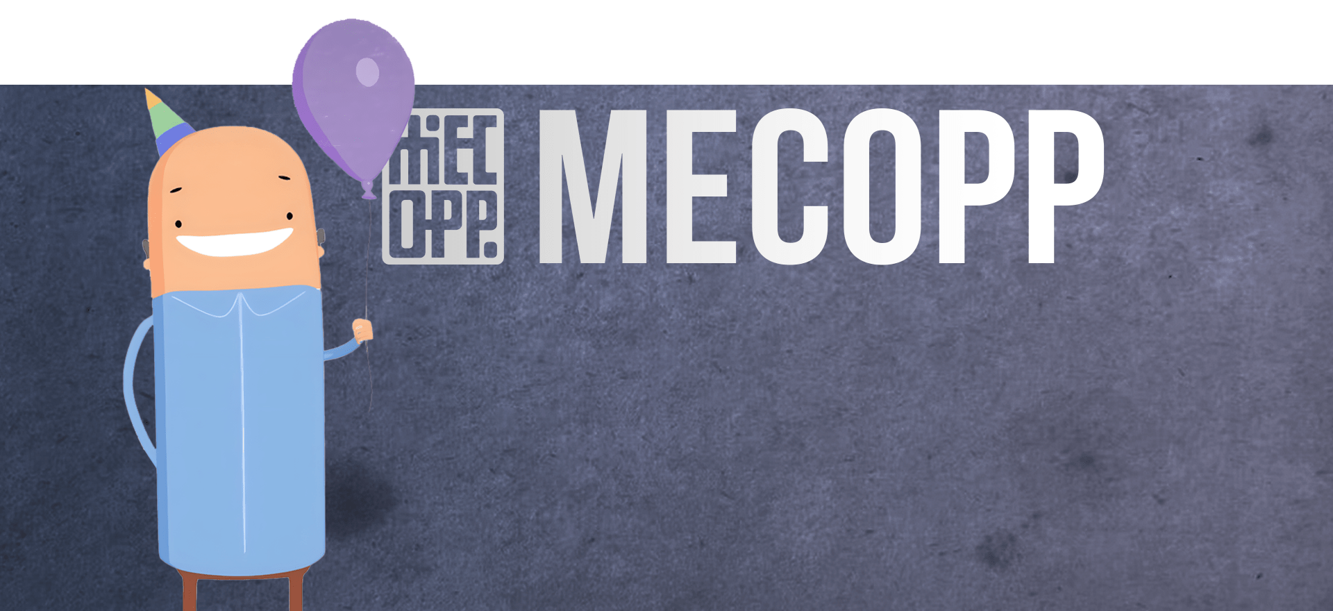 A cartoon illustration of a person wearing a blue outfit and a party hat, holding a purple balloon. The background is gray, and to the right of the illustration, the text "MECOPP" is prominently displayed.