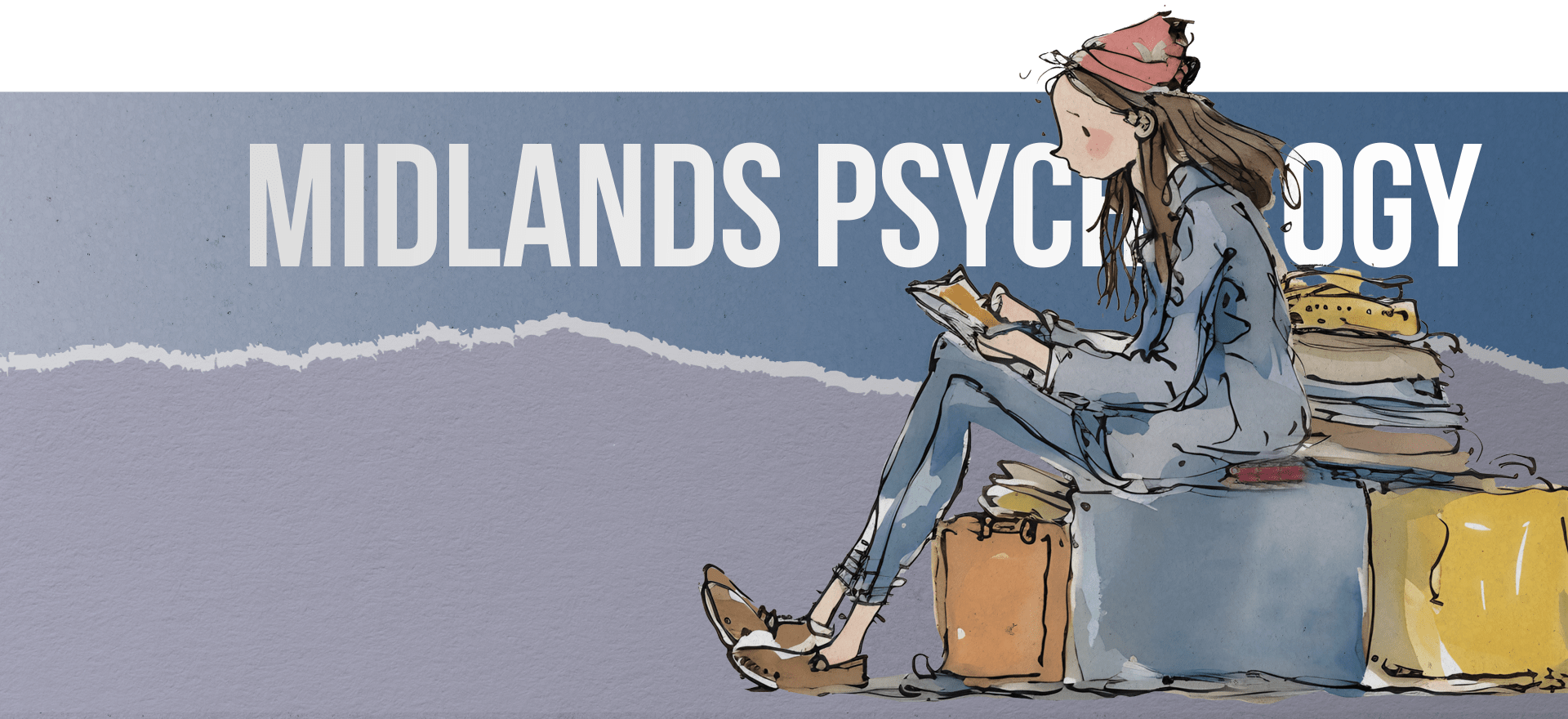 Illustration of a young person sitting on a stack of books, reading a book. They are wearing casual clothes and a beanie. The background features a gradient transitioning from green to grayish blue, with "MIDLANDS PSYCHOLOGY" written across the top.