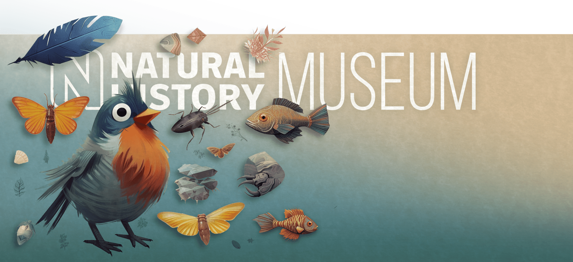 Illustrated banner for the Natural History Museum featuring a colorful bird, butterflies, fish, insects, and various fossils against a gradient background. The text "Natural History Museum" is prominently displayed in white capital letters.