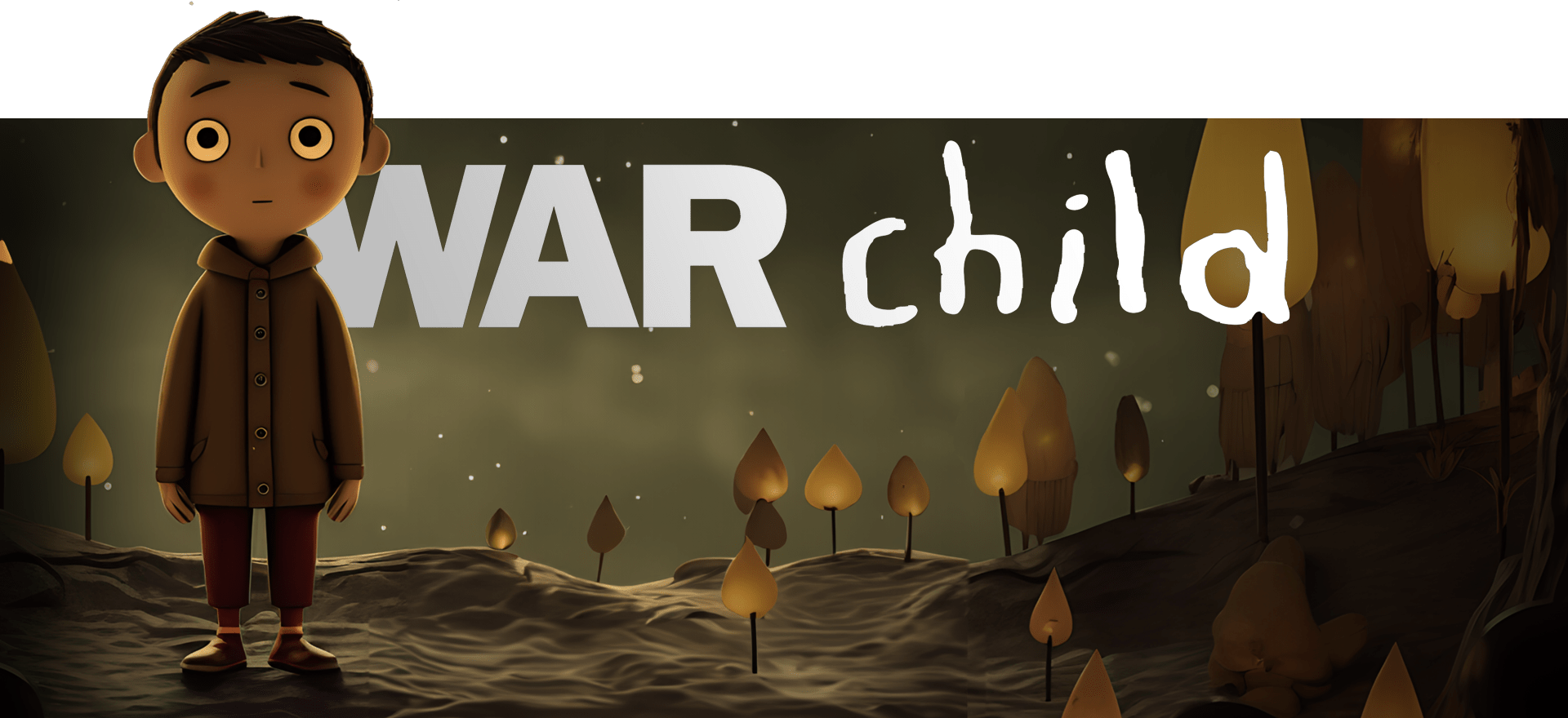An animation-style image features a wide-eyed child standing on a rugged landscape surrounded by abstract, leafless trees. The sky is dark and foreboding. The words "WAR child" are prominently displayed in bold and handwritten font in the background.