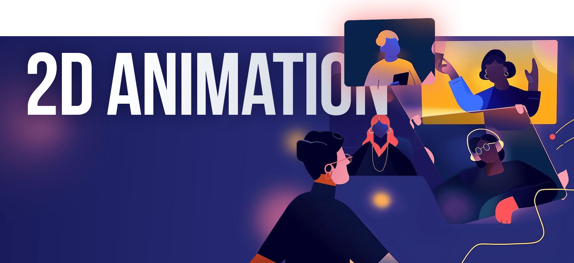 Illustration featuring the text "2D Animation." The image includes five animated characters, each in individual video call frames, engaged in a virtual meeting. The color scheme includes deep purples, blues, and neon accents, perfectly capturing the essence of an animated video service.