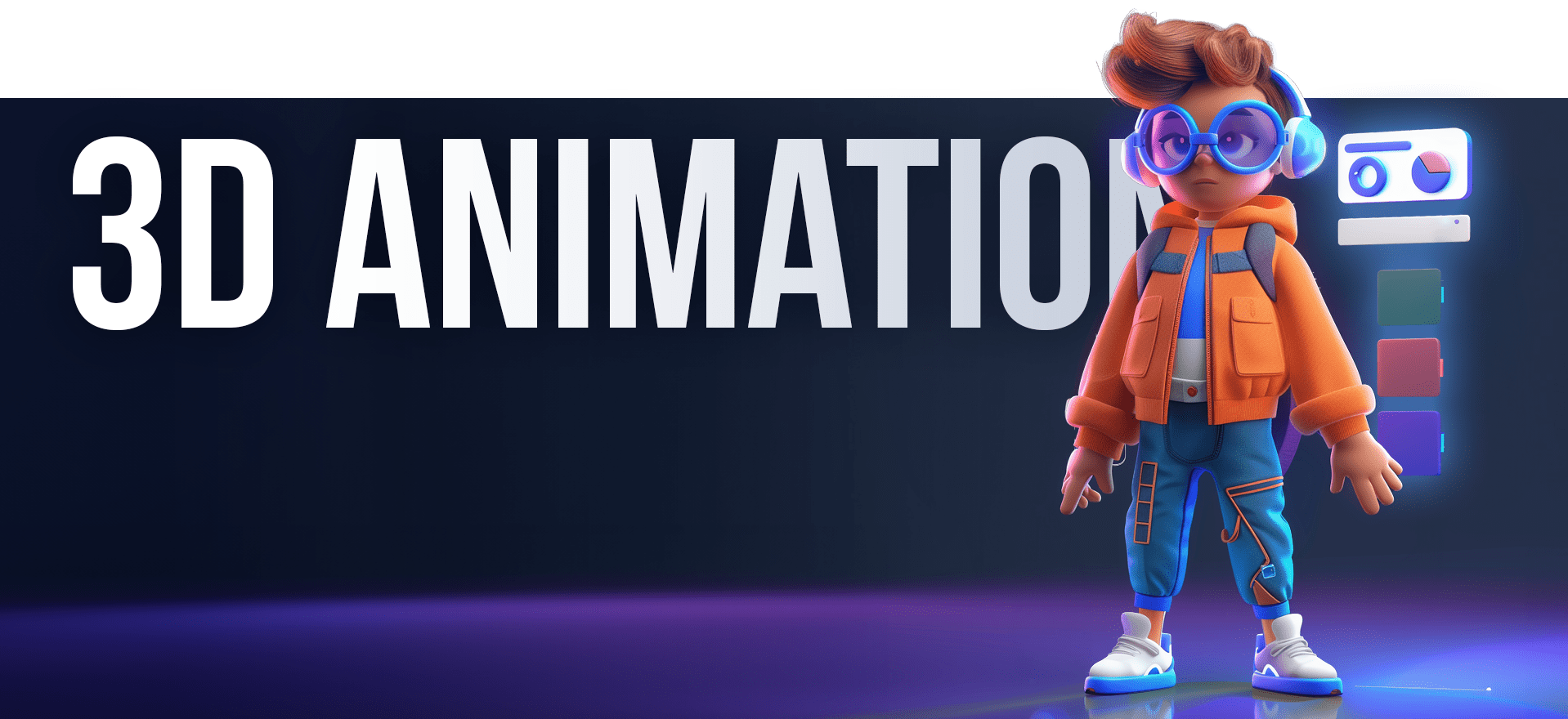 A 3D animated character with large glasses, headphones, an orange jacket, blue pants, and sneakers stands in front of a dark background with the text "3D ANIMATION" in large white letters. A sidebar displays colorful data charts and icons behind the character, making it perfect for an animated explainer video.