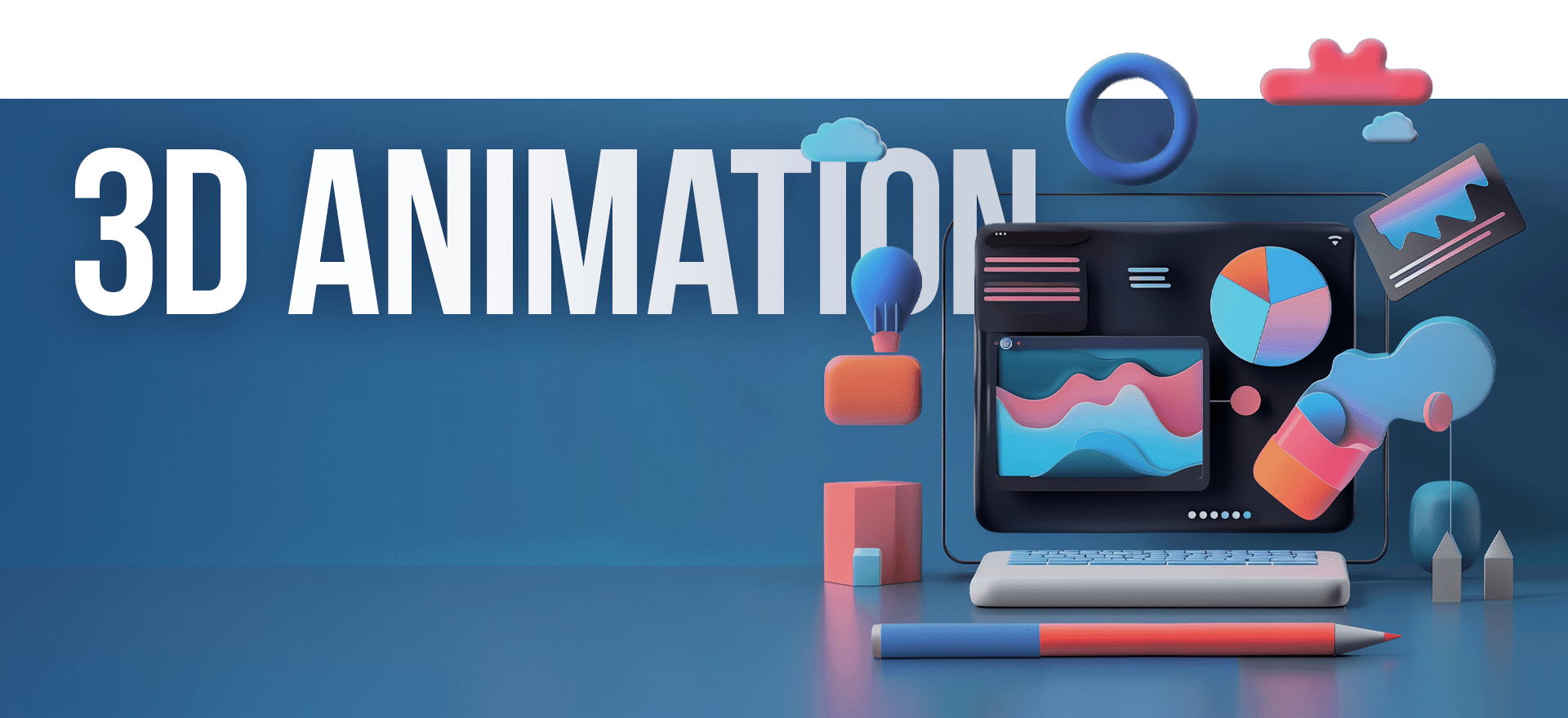 A modern, colorful 3D graphic featuring the words "3D ANIMATION" in bold white text. The scene includes a computer screen displaying various vibrant graphs and charts, surrounded by 3D objects like clouds, shapes, and a pencil—perfectly illustrating our animated video service.