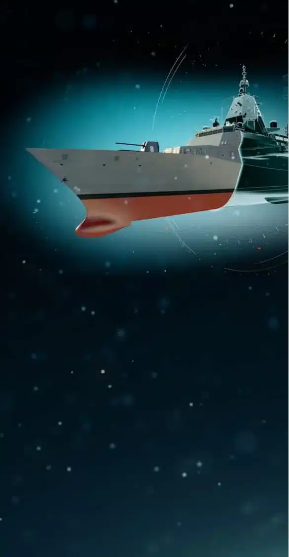 A modern naval ship with a sharp bow is depicted against a dark blue, starry background. The ship has a sleek design with a gray and red hull, and appears to be illuminated from the right side, resembling an animated video example. The image exudes a futuristic and technological atmosphere.