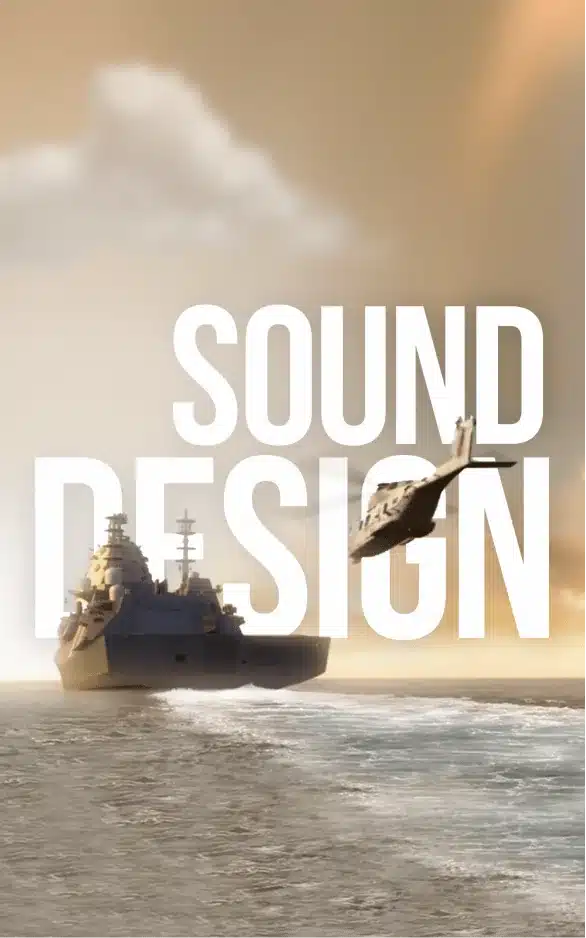 A naval ship sails in the ocean, and a helicopter flies nearby. The words "Sound Design" are prominently overlaid in large white text across the image, reminiscent of an animated video example. The background features a sky with a mix of clouds and a hint of sunlight.
