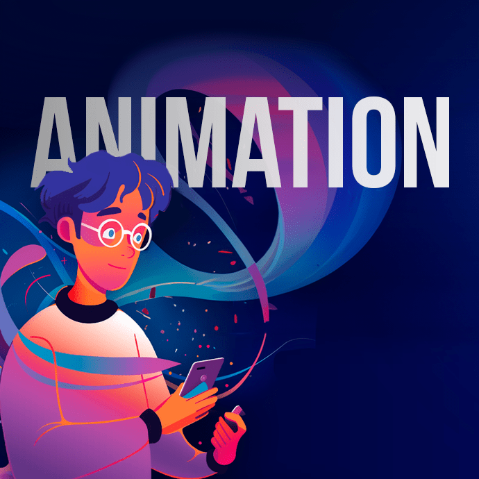 An illustration of a person with blue hair and glasses holding a smartphone, surrounded by swirling colorful lines. The background is dark blue, and the word "ANIMATION" is prominently displayed at the top, hinting at an animated video service.