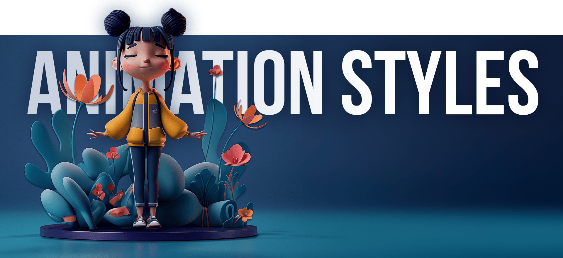 A 3D-rendered girl with closed eyes and bun hairstyles stands peacefully among oversized flowers and plants. The background is dark blue with large white text reading "ANIMATION STYLES." This whimsical, serene scene embodies the charm of our animated video service.