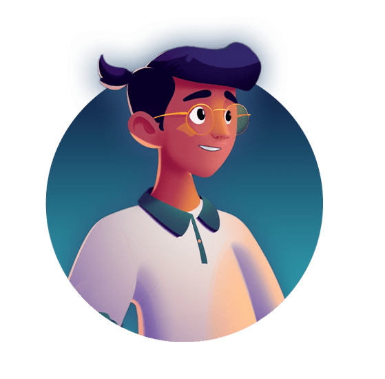 Illustration of a person with short, dark hair styled in a small ponytail, wearing glasses and a white collared shirt with a green collar. The background is a gradient of blue shades. The character is looking to the side with a slight smile, reminiscent of those featured in an animated video service.