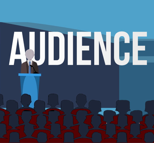Illustration of a person speaking at a podium with a microphone in front of an audience. The word "AUDIENCE" is prominently displayed in large letters across the top of the image. Silhouettes of audience members, possibly from Imperial College London, are visible in the foreground, emphasizing higher education.