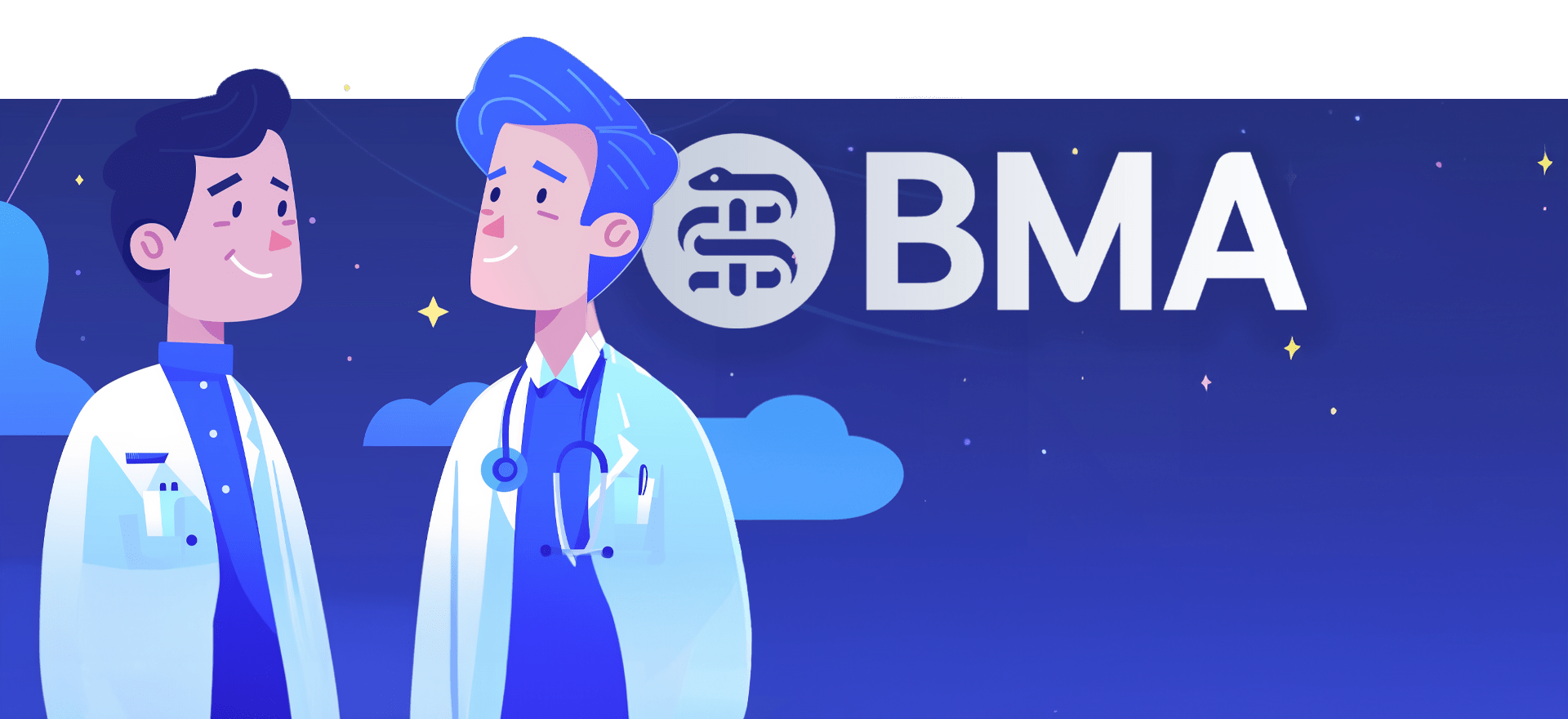 Illustration of two doctors in white coats standing against a starry blue background. One doctor has dark hair, and the other has blue hair with a stethoscope around his neck. The letters "BMA" and a circular logo with interlinked lines are visible beside them, reminiscent of case studies' meticulous details.