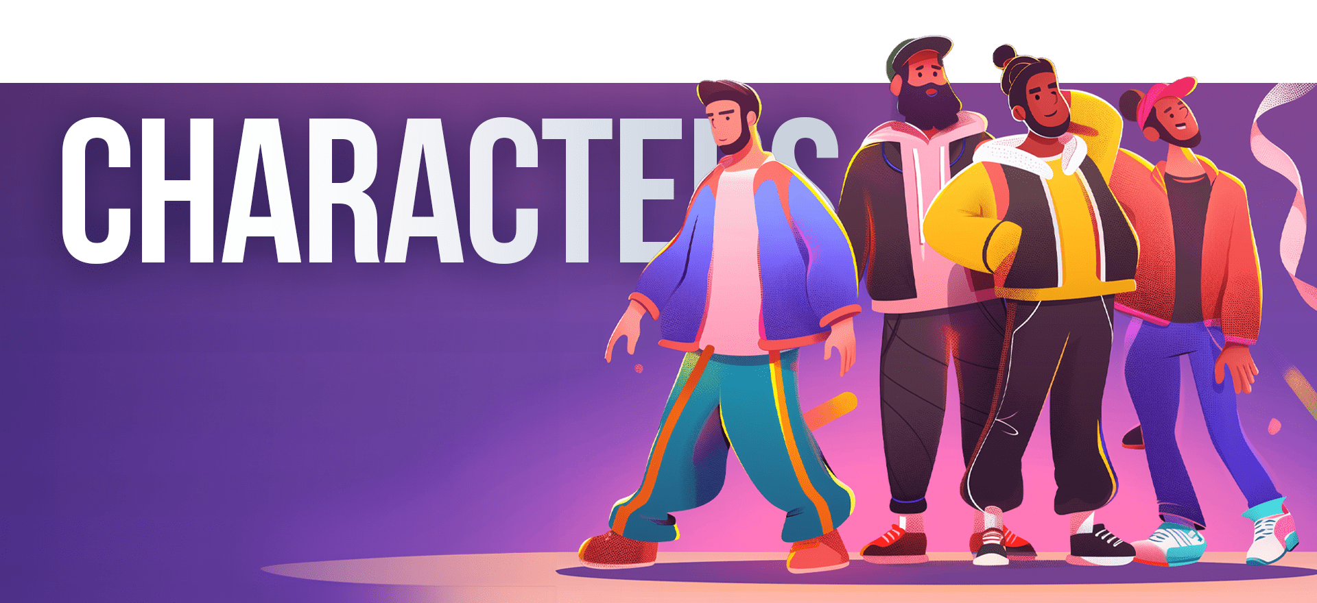 A vibrant group illustration with four diverse animated characters in trendy, casual attire. They're standing confidently against a bright, purple background. The large, bold text "CHARACTERS" is prominently displayed behind them, highlighting our animated video service focused on character design.