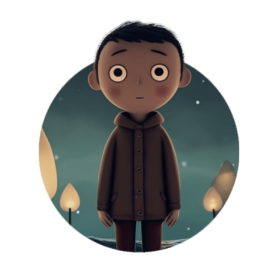 An illustration of a wide-eyed character with short dark hair, wearing a brown jacket. The background features a dark, starry night with glowing lights in the distance, evoking the enchanting feel of an animated video service. The scene creates a soft, mystical atmosphere.