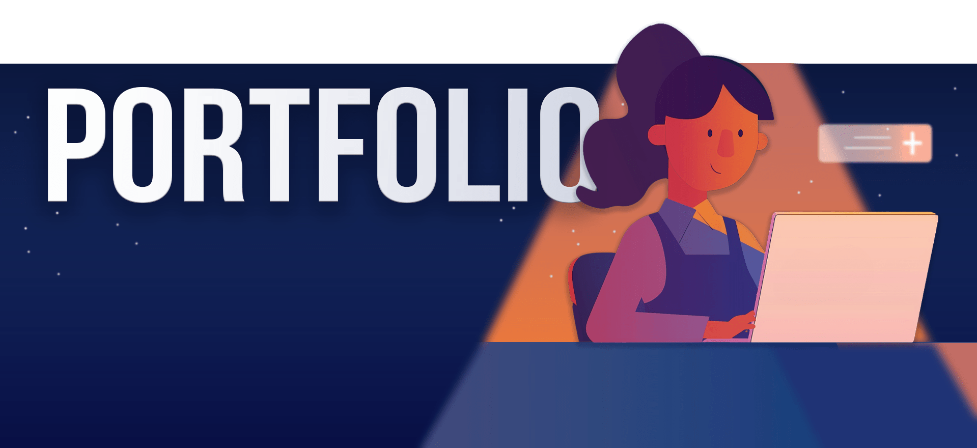 Illustration of a woman typing on a laptop under a spotlight. The word "PORTFOLIO" is written in large white letters against a dark blue background adorned with small stars. The overall atmosphere is professional and creative, resembling an animated explainer video in its clarity and design.