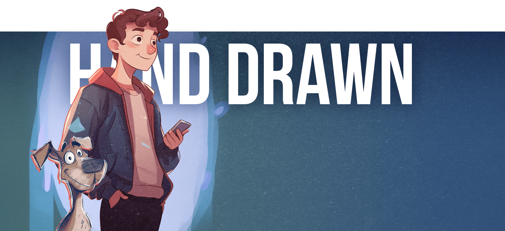 A young man with curly hair, wearing a jacket and holding a smartphone, stands next to a standing dog with expressive eyes. The word "HAND DRAWN" is displayed prominently in bold white letters against a gradient blue background, resembling an animated explainer video scene.