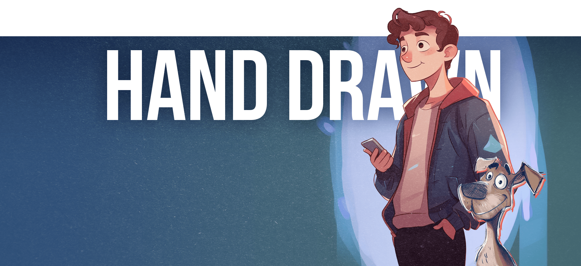 A cartoon-style illustration featuring a young man holding a smartphone and standing next to a dog, akin to an animated explainer video. The text "HAND DRAWN" appears in large white letters above them, partially obscured by the man and dog. The background is shaded blue, transitioning to green at the top.