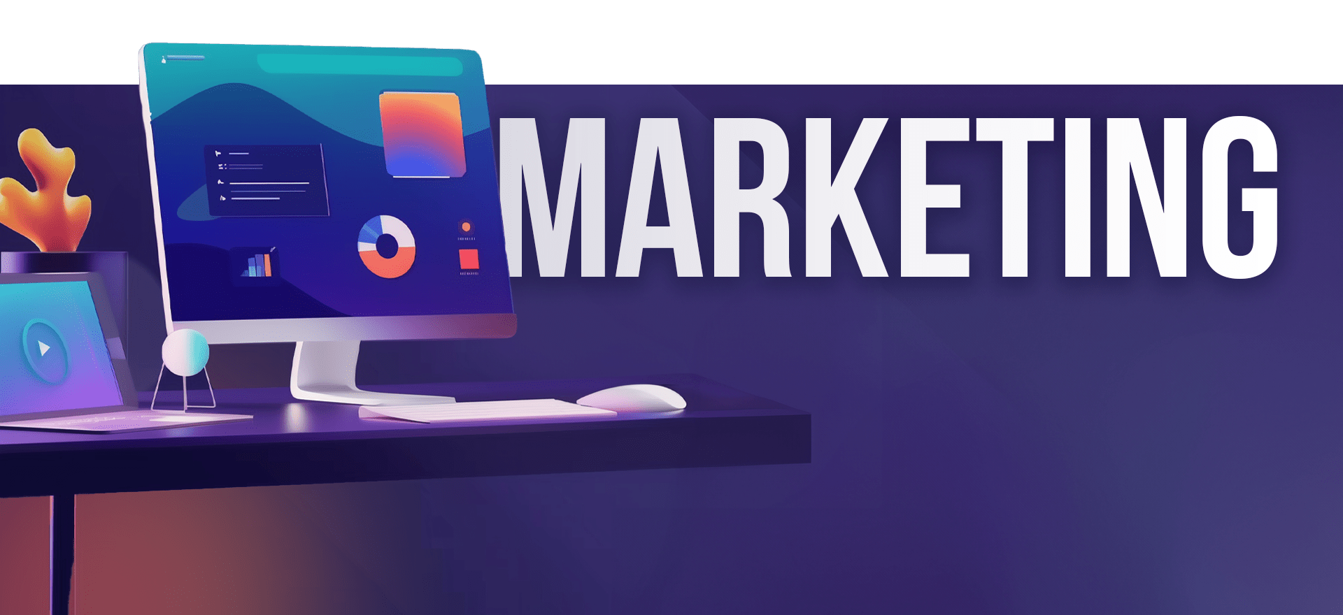 A computer monitor on a desk displays colorful charts and graphs, reminiscent of an explainer video. Beside it, a closed laptop is partially visible, and an orange decorative plant sits in the background. The word "MARKETING" is prominently displayed in large white letters on a dark blue background.