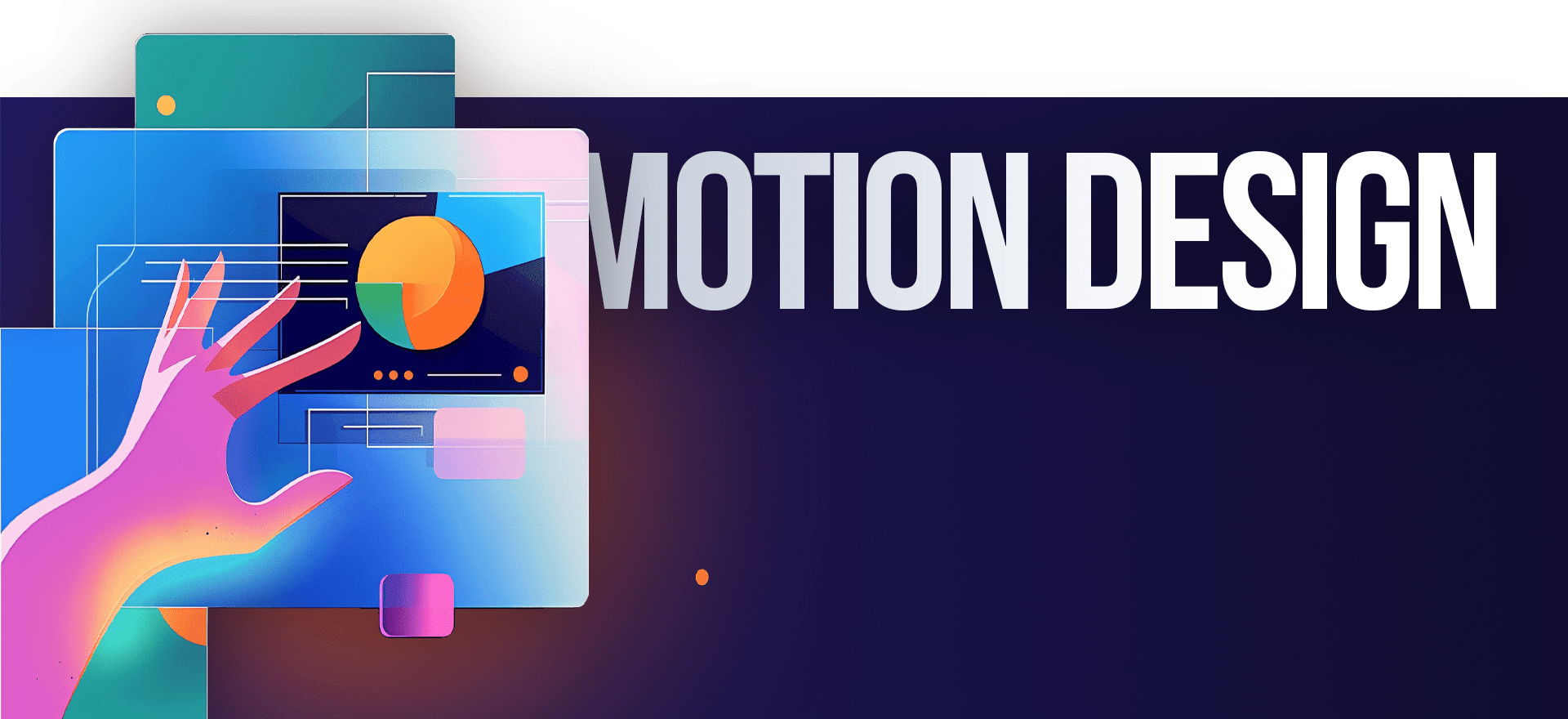 An abstract illustration features a colorful hand interacting with layered geometric shapes and digital elements on the left, while the text "Motion Design" and "Animated Video Service" are prominently displayed on the right against a dark background.