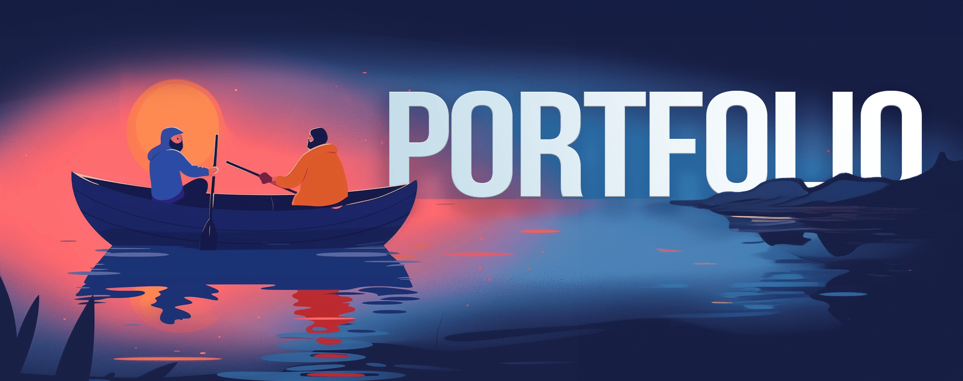 Illustration of two people fishing from a boat during a sunset, with the word "PORTFOLIO" in large white text prominently displayed behind them. The background features a calm body of water with vivid reflections and a dark, serene shoreline, reminiscent of scenes in video campaigns by Explainify.